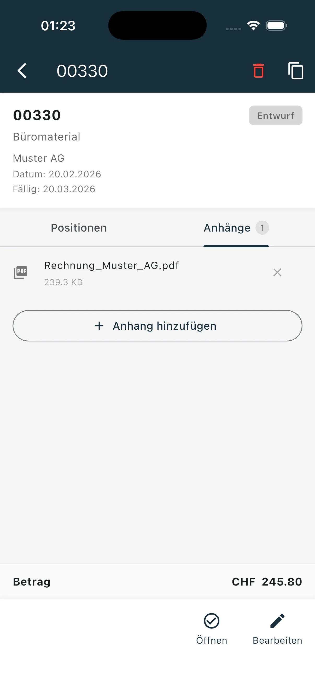 Lieferantenrechnung mit PDF-Anhang und Upload-Option