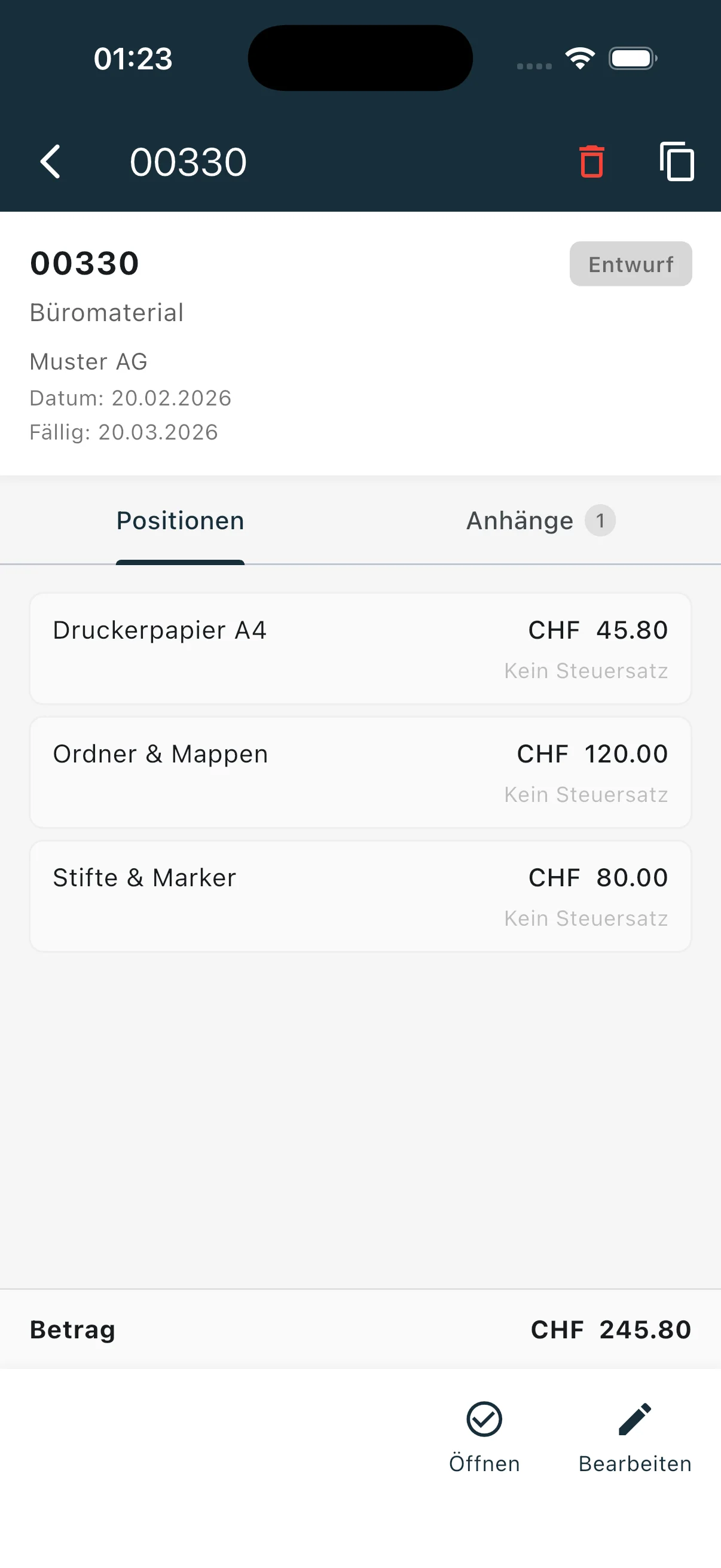 Lieferantenrechnung Detail mit Positionen, Beträgen und Steuersatz