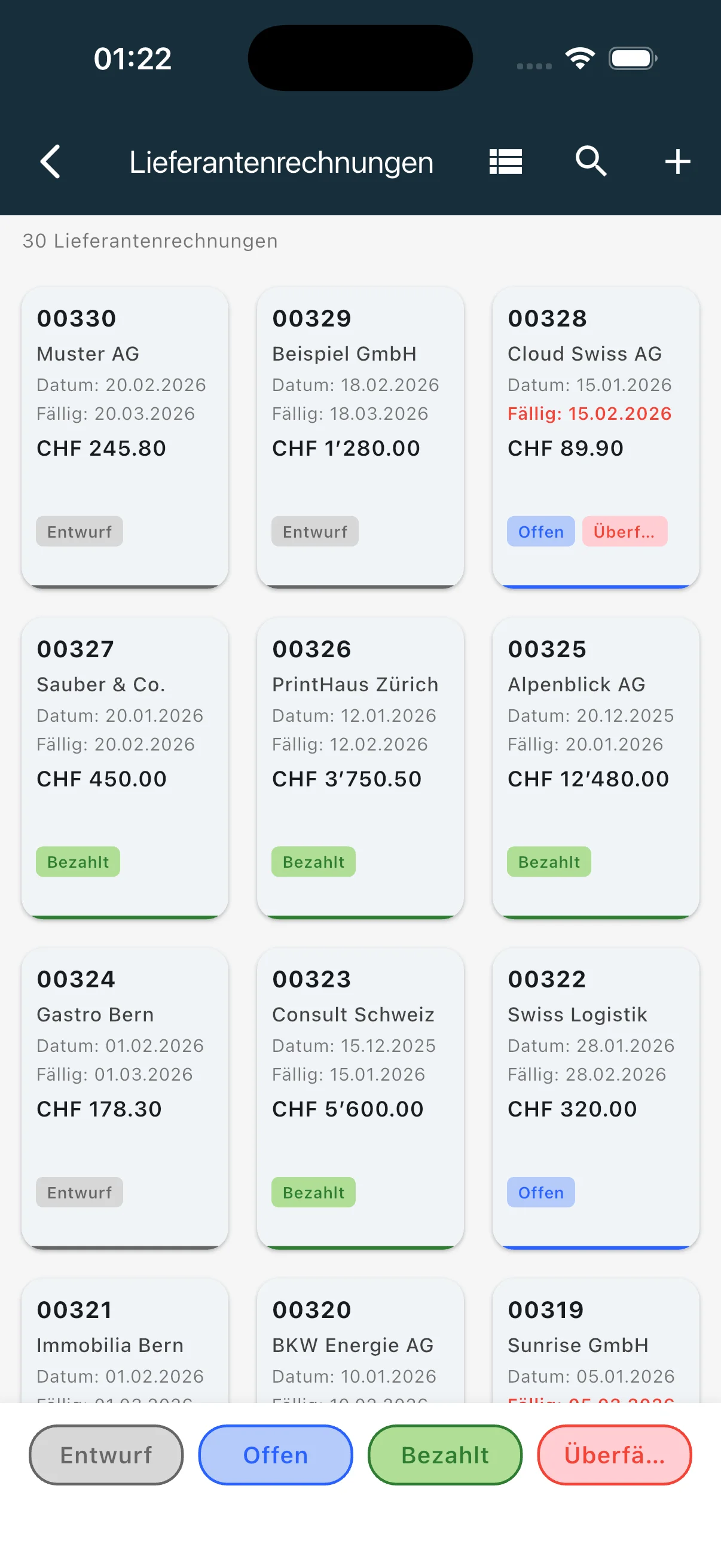 Lieferantenrechnungen als Grid mit Status und Fälligkeitsdatum
