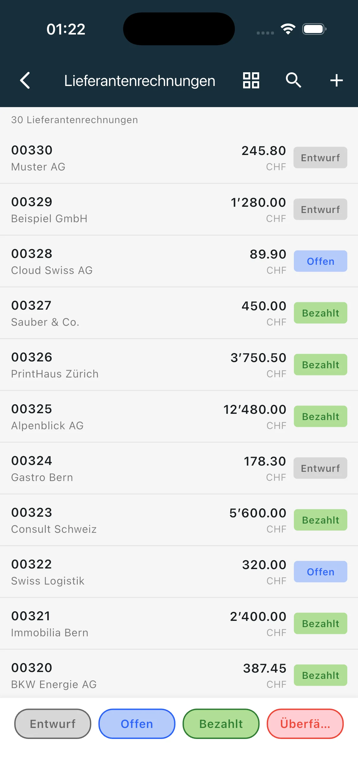 Lieferantenrechnungen als Liste mit Lieferant, Betrag und Status-Badge