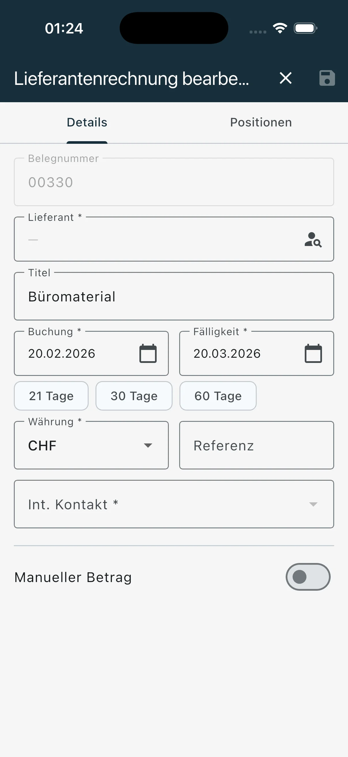 Lieferantenrechnung bearbeiten mit Lieferant, Datum und Währung
