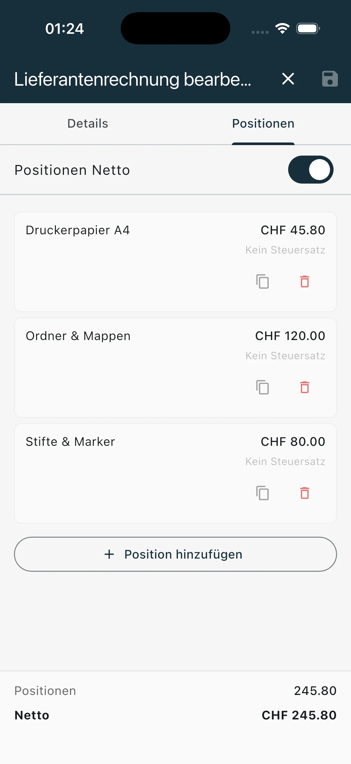 Lieferantenrechnung Positionen mit Netto-Brutto-Umschaltung