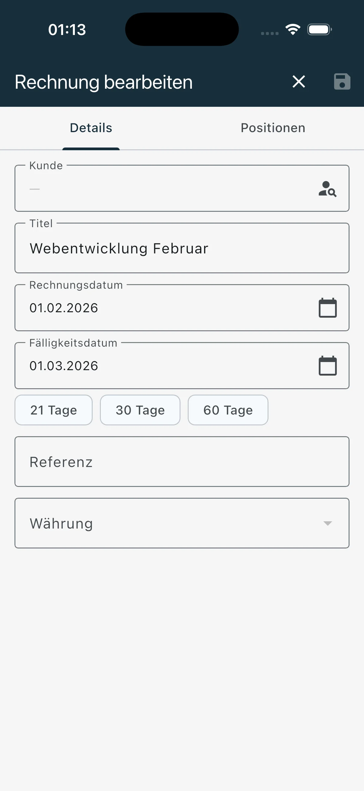 Rechnung bearbeiten mit Kunde, Titel, Datum und Fälligkeits-Schnellwahl