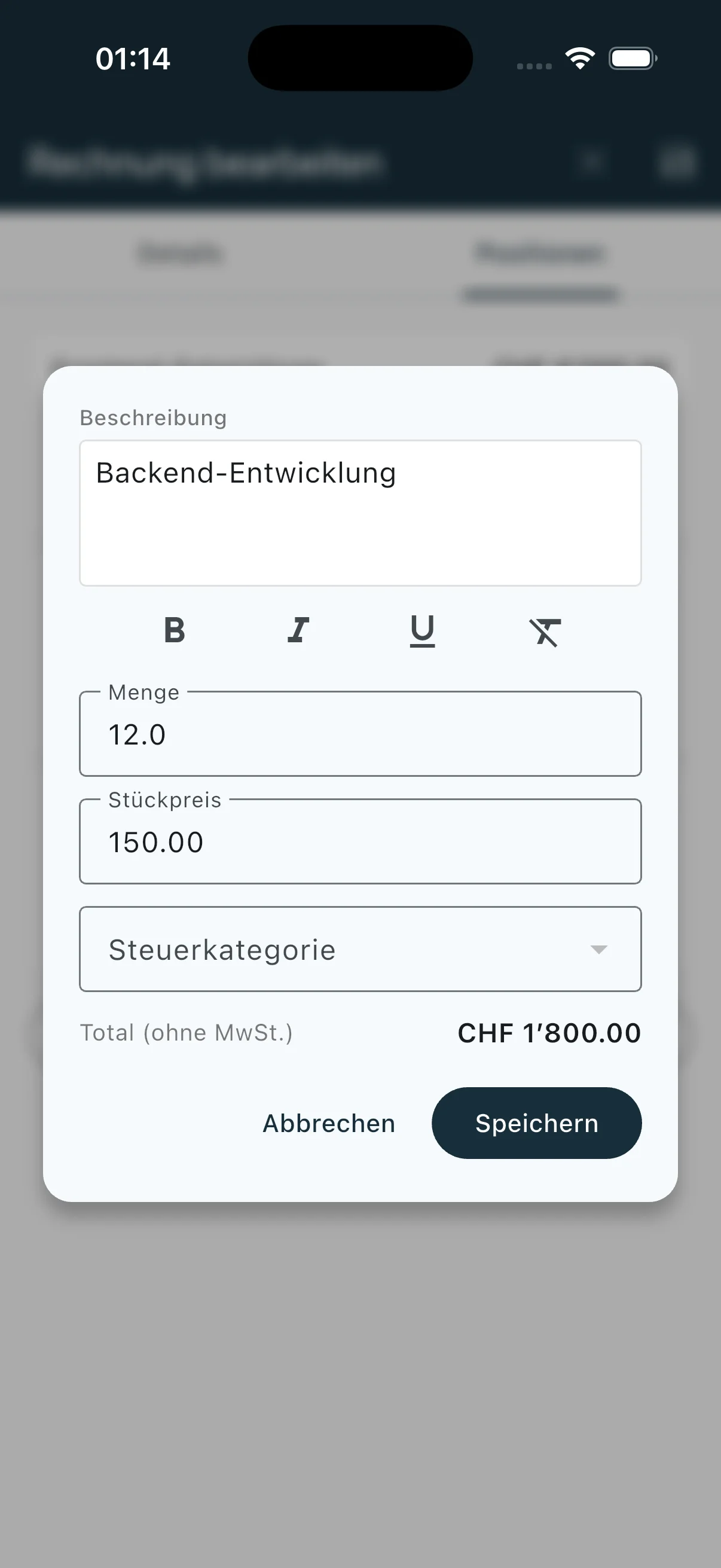 Position bearbeiten mit Rich-Text, Menge, Stückpreis und Steuerkategorie