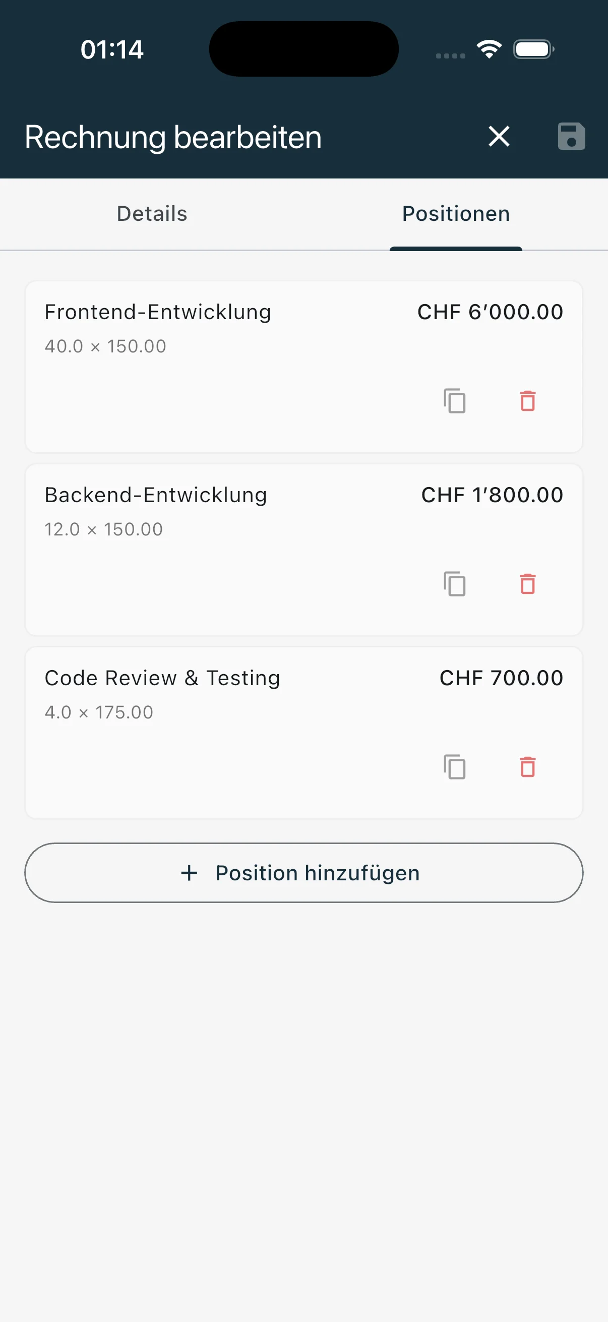 Rechnungspositionen mit Beträgen, Duplizieren und Löschen