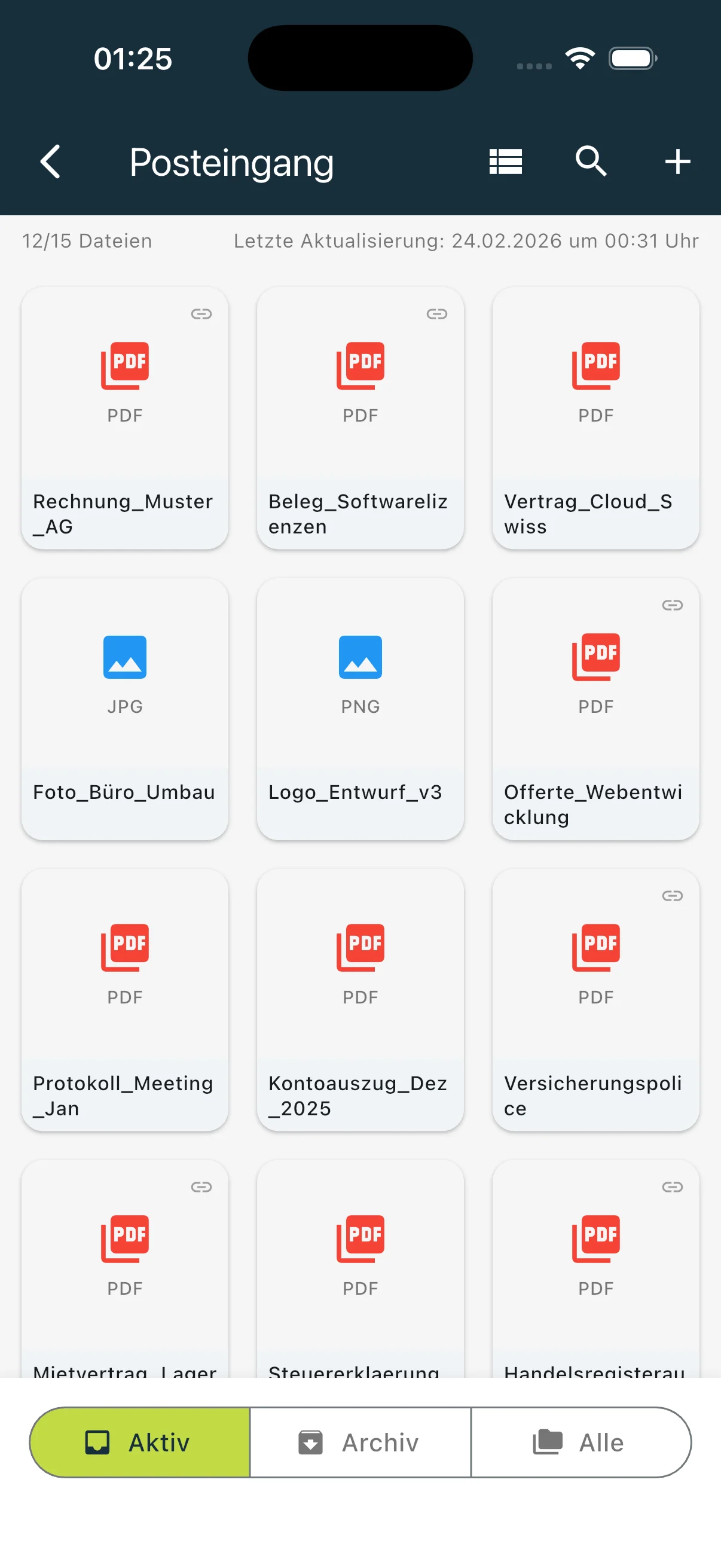 Bexio Mobile Posteingang mit PDF- und Bilddateien in der Grid-Ansicht