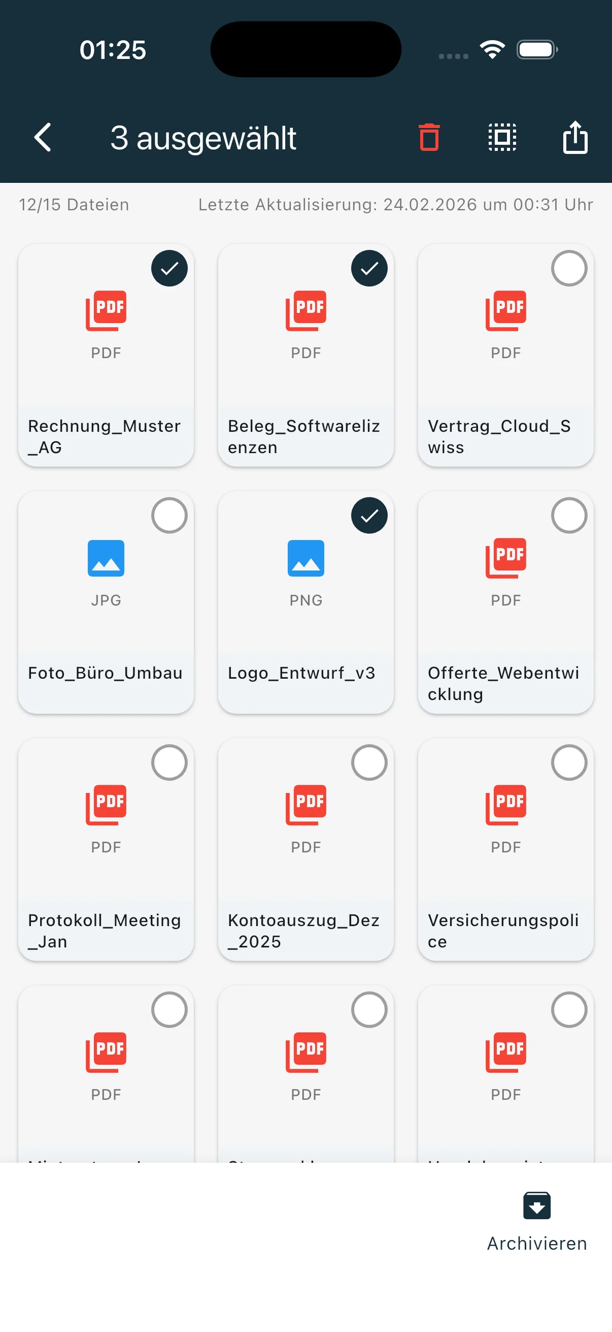Mehrere Dateien auswählen für Batch-Archivierung oder Löschen