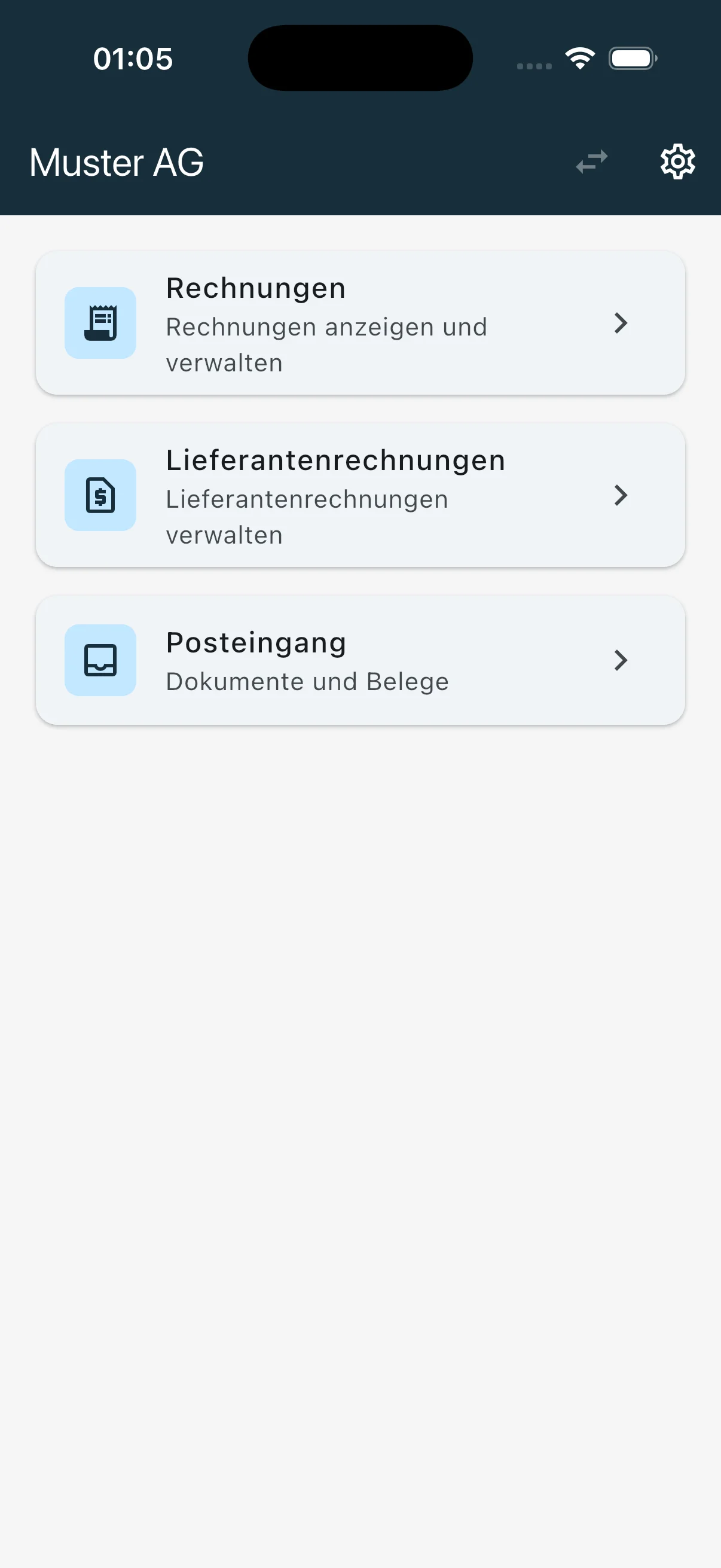 Bexio Mobile Startbildschirm mit Navigation zu Rechnungen, Belegen und Dateien