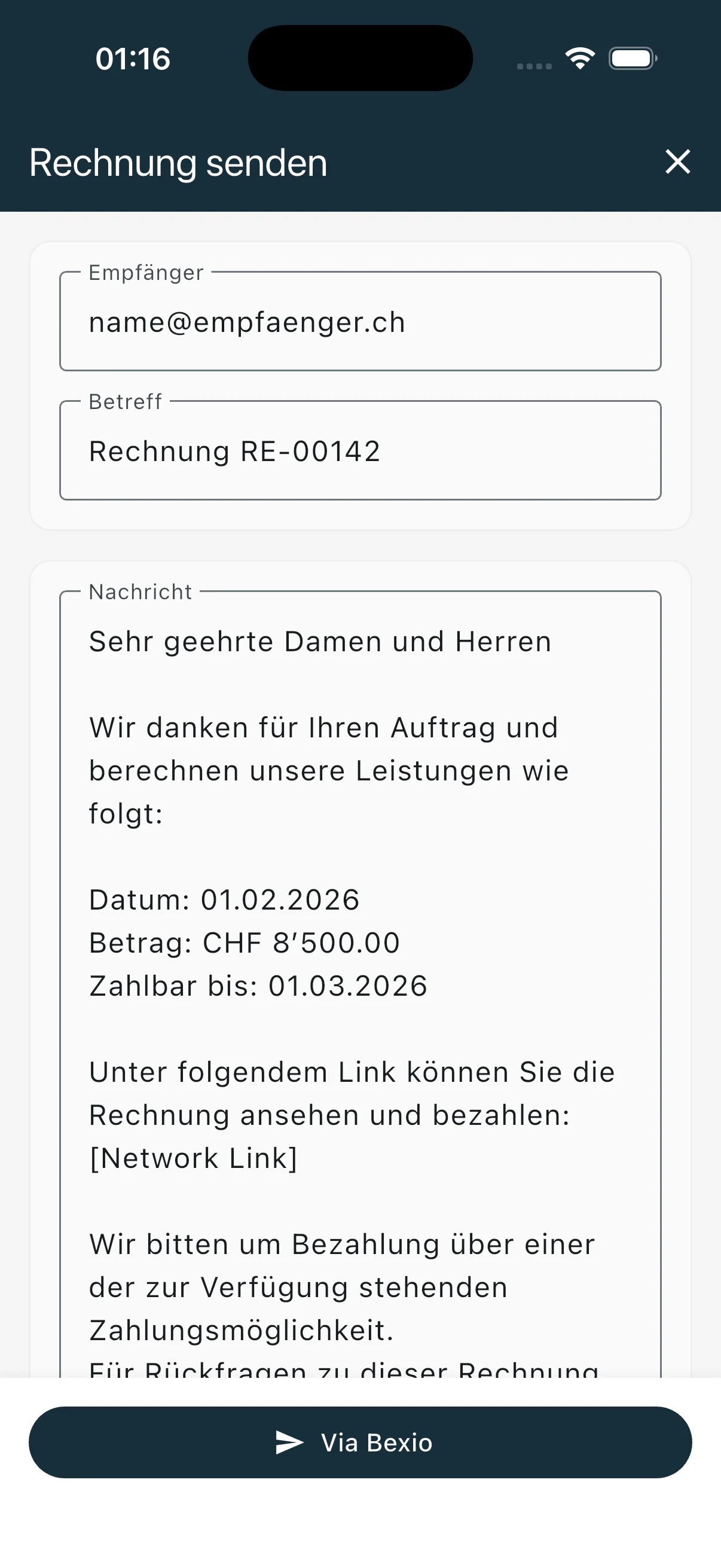 Rechnung per E-Mail versenden mit vorgefülltem Empfänger und Nachricht