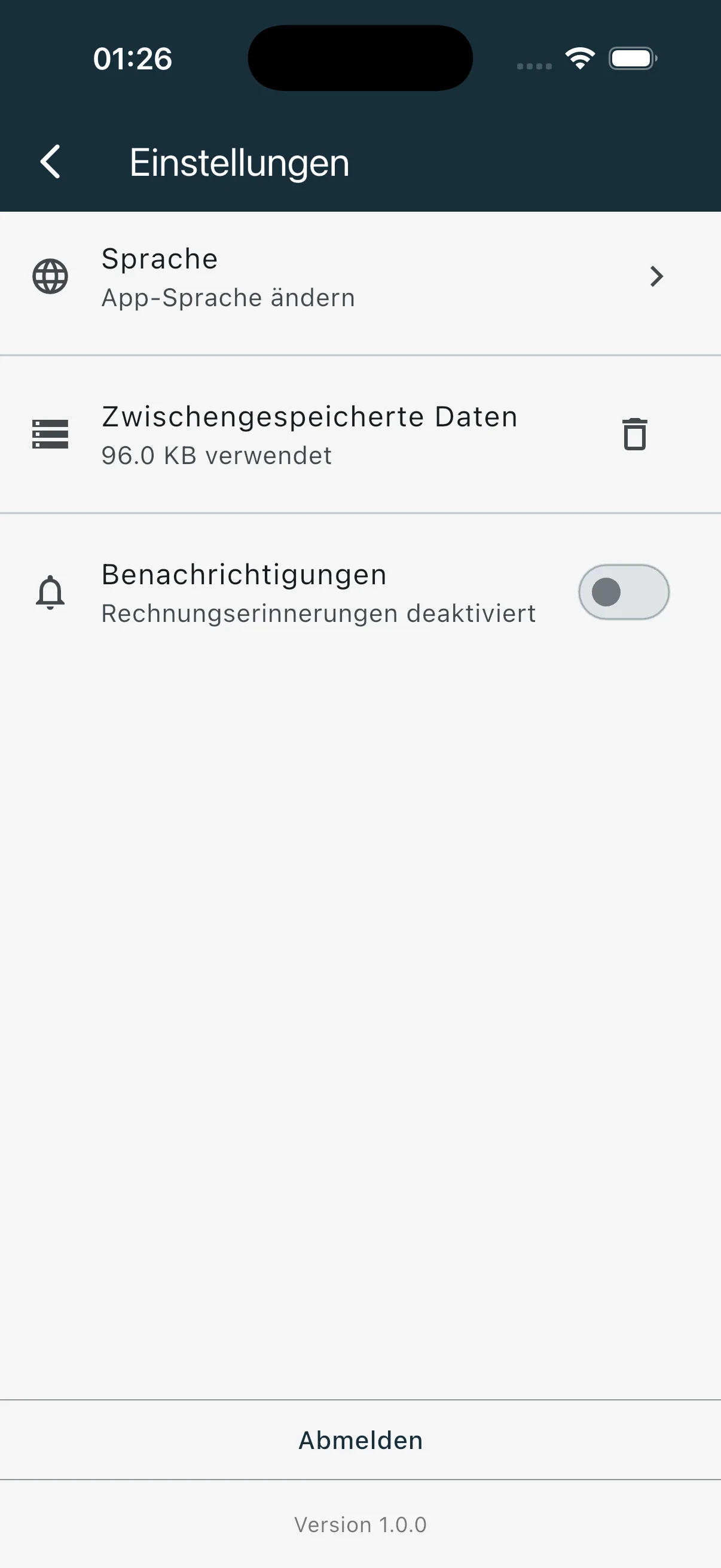 Bexio Mobile Einstellungen mit Sprache, Cache und Push-Benachrichtigungen